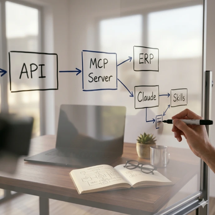 Hand-drawn system architecture diagrams on a whiteboard showing MCP server, Claude, and ERP connections — Tecnicora's technical implementation work