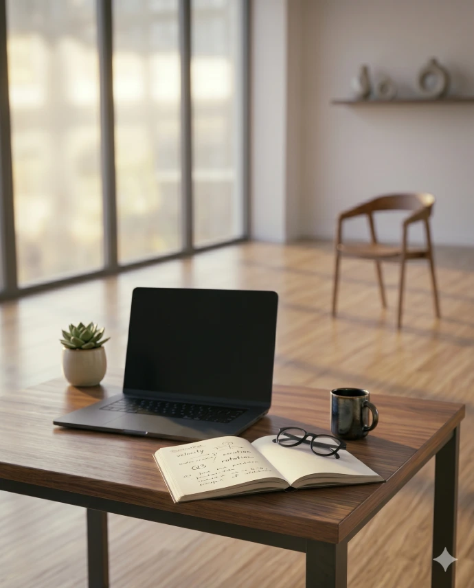 Minimal workspace with laptop, notebook, and coffee — the calm decision-making environment Claude enables