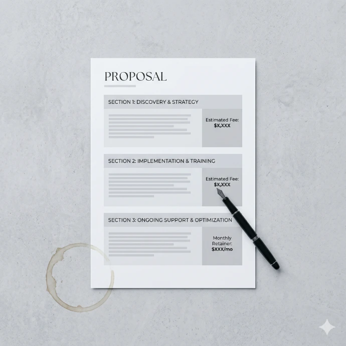 Structured proposal document on a desk showing three pricing tiers — Tecnicora's fixed-price engagement model