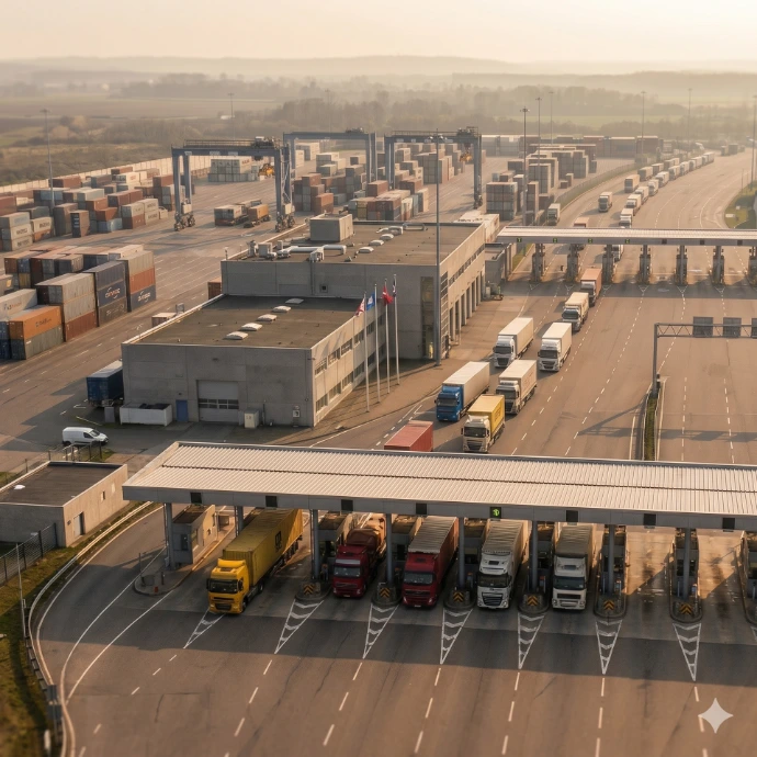 Trucks crossing an international border with customs inspection lanes — Tecnicora's cross-border operations expertise